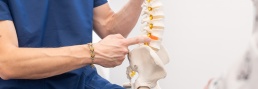 Iñaki Malo, fisioterapeuta en Pamplona, mostrando un modelo de columna vertebral en su centro Samai durante un reportaje de fotografía corporativa en Pamplona