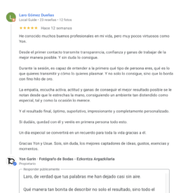 Reseña Google Reportaje de Boda en Hotel Tres Reyes de Pamplona
