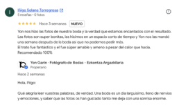 Captura de la reseña en Google de Maria José & Íñigo sobre el reportaje de su boda en Huarte y Gorraiz